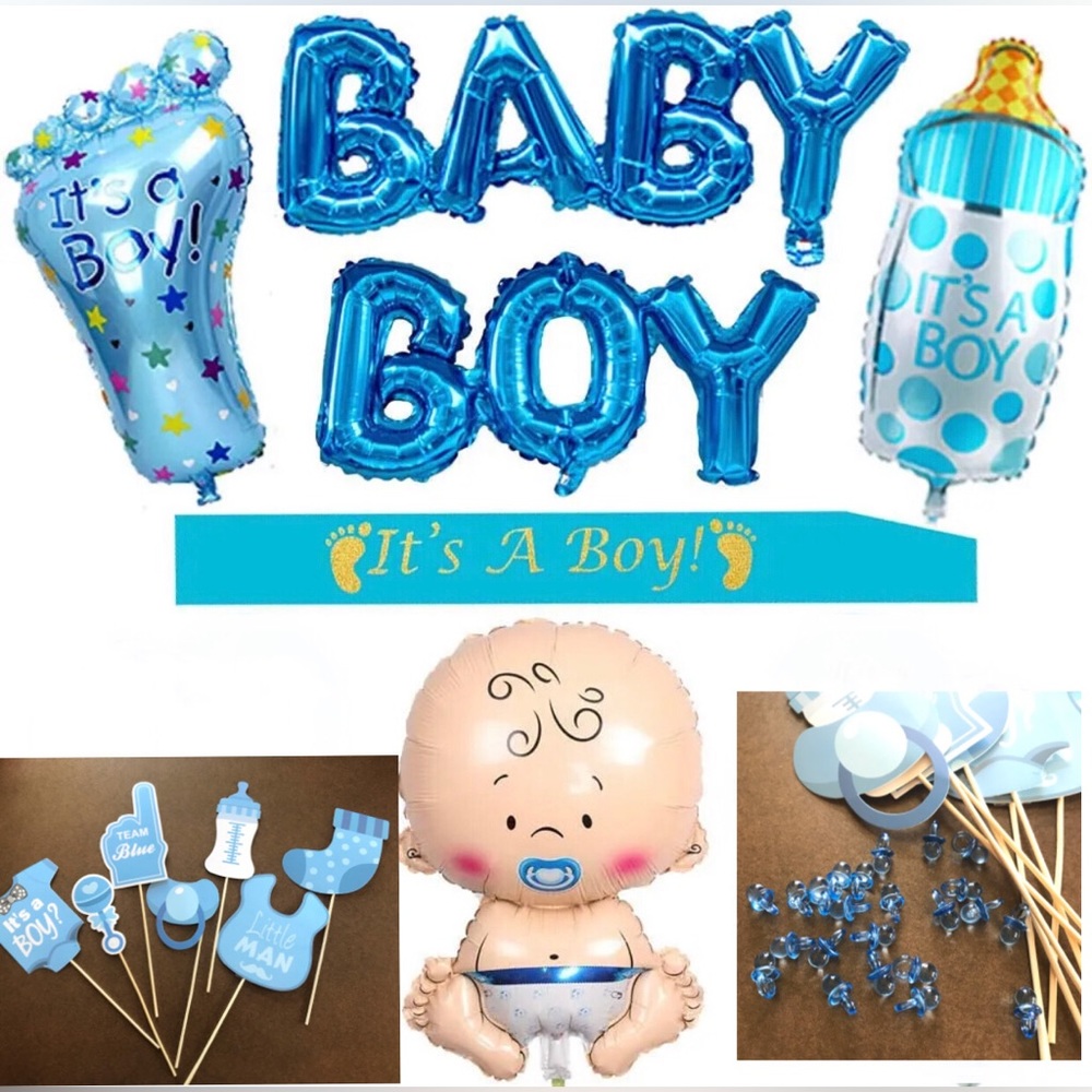 Boy baby shower items.Stick props, It’s a Boy sash, pacifier confetti & balloons